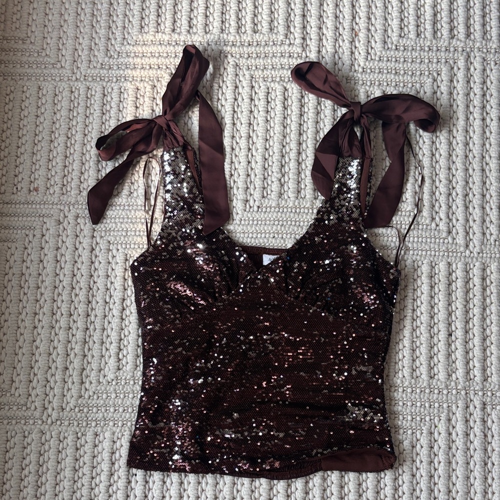 Elegant Brown Sequin Camisole with Ribbon Straps